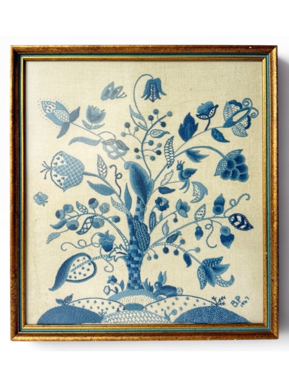 Vintage Blue Jacobean Tree of Life Blue Onion Floral Needlework Framed Wall Art